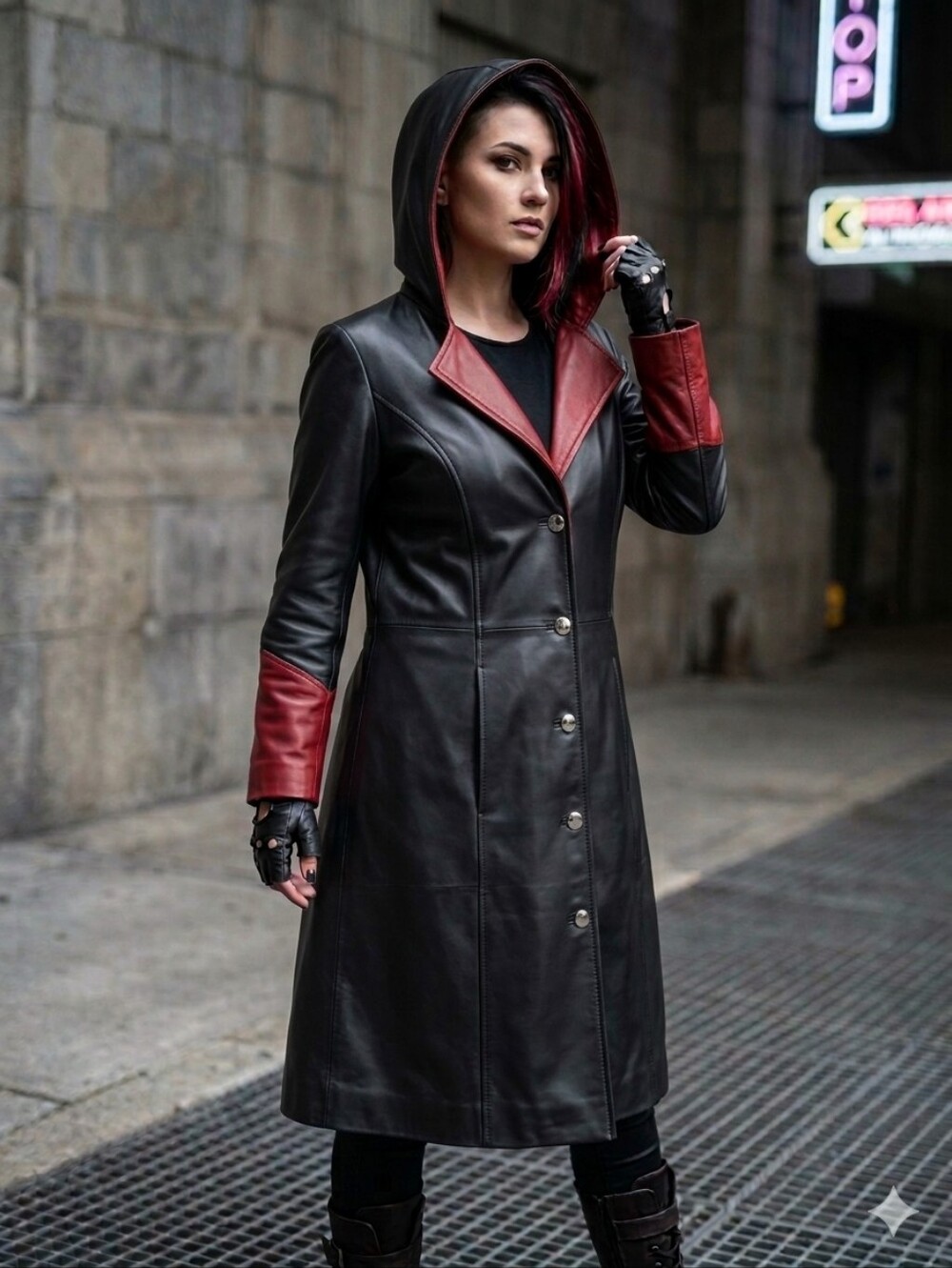 Real Leather Hooded Trench Coat Black Red Goth Cyberpunk XL